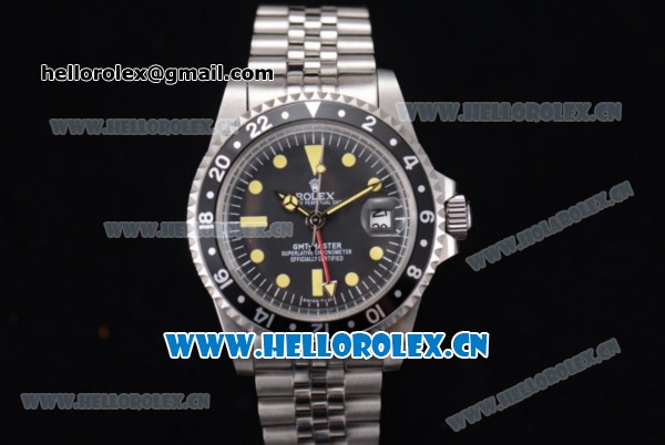 Rolex GMT-Master Vintage Asia 2813 Automatic Stainless Steel Case/Bracelet with Black Dial Black Bezel and Dot Markers - Click Image to Close