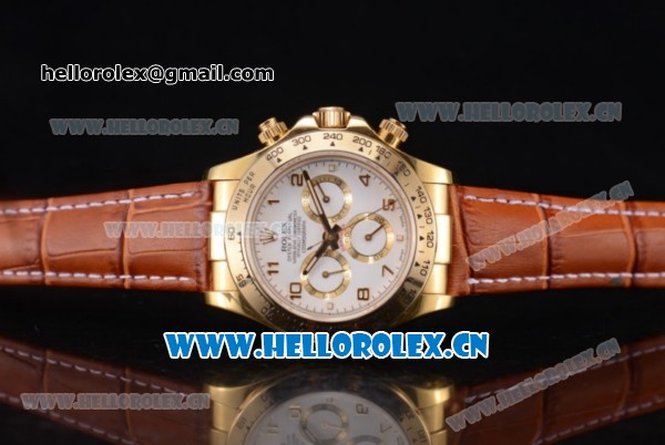 Rolex Daytona Chrono Swiss Valjoux 7750 Automatic Yellow Gold Case with White Dial Arabic Numeral Markers and Brown Leather Strap (BP) - Click Image to Close