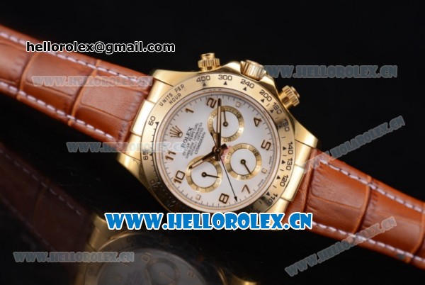 Rolex Daytona Chrono Swiss Valjoux 7750 Automatic Yellow Gold Case with White Dial Arabic Numeral Markers and Brown Leather Strap (BP) - Click Image to Close