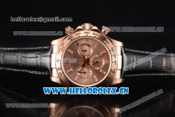 Rolex Cosmograph Daytona Swiss Valjoux 7750 Automatic Rose Gold Case with Rose Gold Dial and Stick Markers Black Leather Strap (BP) - Click Image to Close
