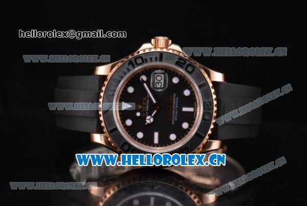Rolex Yacht Master 40 Swiss ETA 2836 Automatic Rose Gold Case with Black Rubber Strap and Black Dial Dot Markers (BP) - Click Image to Close