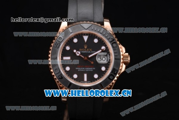 Rolex Yacht Master 40 Swiss ETA 2836 Automatic Rose Gold Case with Black Rubber Strap and Black Dial Dot Markers (BP) - Click Image to Close