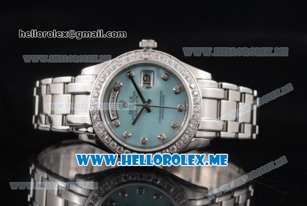 Rolex Day Date Masterpiece Swiss ETA 2836 Automatic Stainless Steel Case/Bracelet with Blue Dial and Roman Numeral Markers Diamonds Bezel (BP) - Click Image to Close