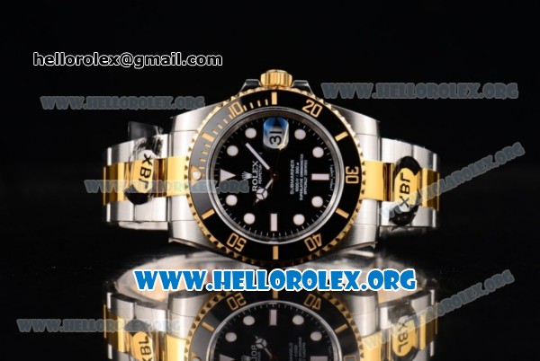 Rolex Submariner Clone Rolex 3135 Automatic Two Tone Case/Bracelet with Black Dial and Dot Markers - 1:1 Original - Click Image to Close