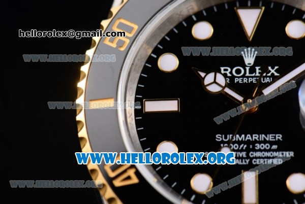 Rolex Submariner Clone Rolex 3135 Automatic Two Tone Case/Bracelet with Black Dial and Dot Markers - 1:1 Original - Click Image to Close