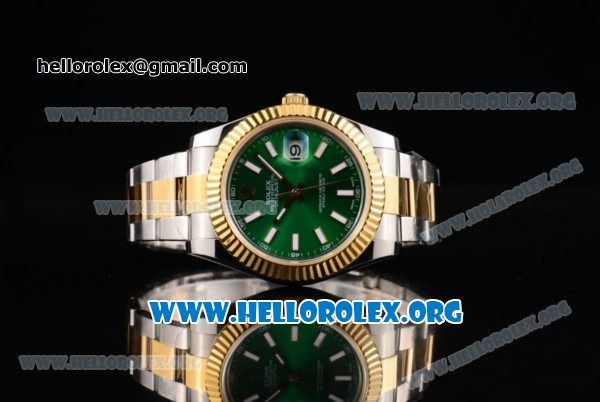 Rolex Datejust II Clone Rolex 3135 Automatic Two Tone Case/Bracelet with Green Dial and Stick Markers - Click Image to Close