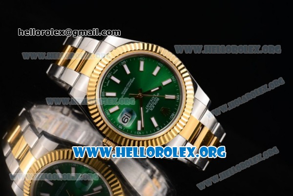 Rolex Datejust II Clone Rolex 3135 Automatic Two Tone Case/Bracelet with Green Dial and Stick Markers - Click Image to Close