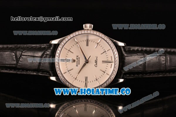 Rolex Cellini Asia Automatic Steel Case with White Dial Roman Numeral/Stick Markers and Black Leather Strap - Diamonds Bezel (BP) - Click Image to Close