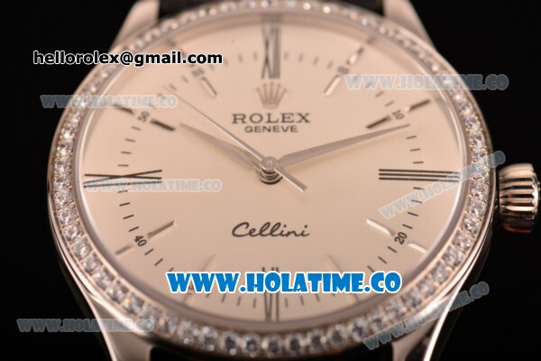 Rolex Cellini Asia Automatic Steel Case with White Dial Roman Numeral/Stick Markers and Black Leather Strap - Diamonds Bezel (BP) - Click Image to Close