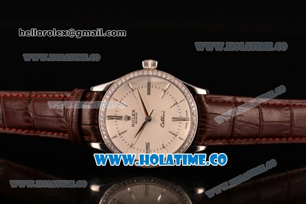 Rolex Cellini Asia Automatic Steel Case with White Dial Roman Numeral/Stick Markers and Brown Leather Strap - Diamonds Bezel (BP) - Click Image to Close