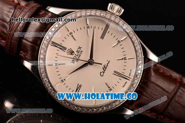 Rolex Cellini Asia Automatic Steel Case with White Dial Roman Numeral/Stick Markers and Brown Leather Strap - Diamonds Bezel (BP) - Click Image to Close