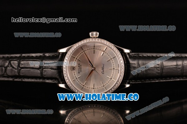 Rolex Cellini Asia Automatic Steel Case with Silver Dial Stick Markers and Black Leather Strap - Diamonds Bezel (BP) - Click Image to Close