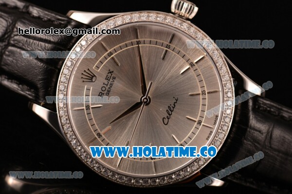 Rolex Cellini Asia Automatic Steel Case with Silver Dial Stick Markers and Black Leather Strap - Diamonds Bezel (BP) - Click Image to Close