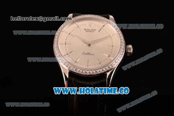 Rolex Cellini Asia Automatic Steel Case with Silver Dial Stick Markers and Black Leather Strap - Diamonds Bezel (BP) - Click Image to Close