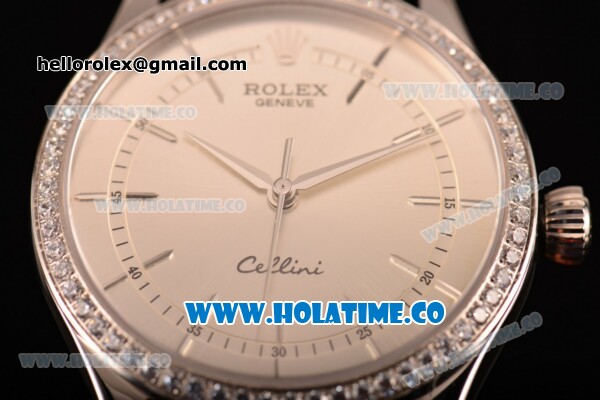 Rolex Cellini Asia Automatic Steel Case with Silver Dial Stick Markers and Black Leather Strap - Diamonds Bezel (BP) - Click Image to Close