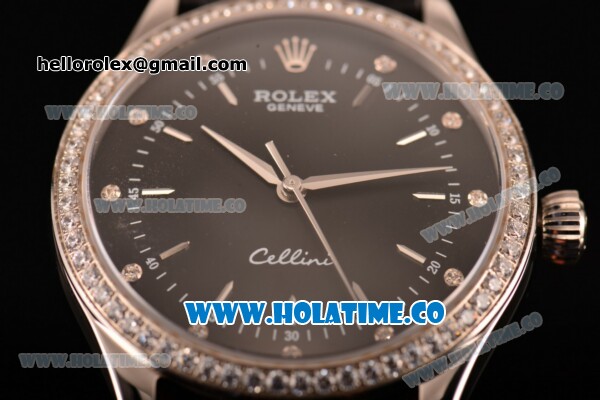 Rolex Cellini Asia Automatic Steel Case with Black Dial Stick Markers and Black Leather Strap - Diamonds Bezel (BP) - Click Image to Close