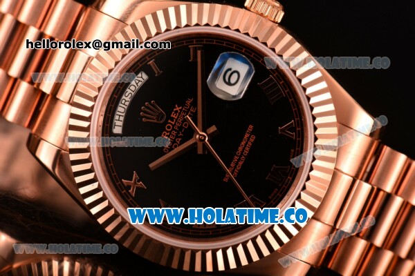 Rolex Day-Date Clone Rolex 3156 Automatic Rose Gold Case with Black Dial and Roman Numeral Markers (BP) - Click Image to Close