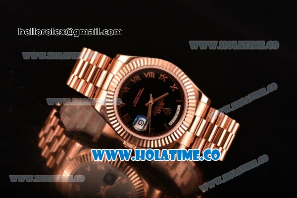 Rolex Day-Date Clone Rolex 3156 Automatic Rose Gold Case with Black Dial and Roman Numeral Markers (BP) - Click Image to Close