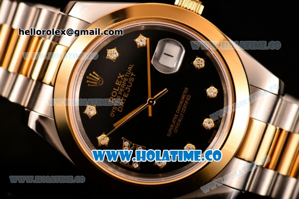 Rolex Datejust II Asia 2813 Automatic Steel/Yellow Gold Case with Diamonds Markers and Black Dial - Click Image to Close