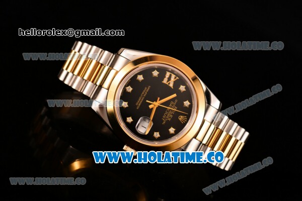 Rolex Datejust II Asia 2813 Automatic Steel/Yellow Gold Case with Diamonds Markers and Black Dial - Click Image to Close