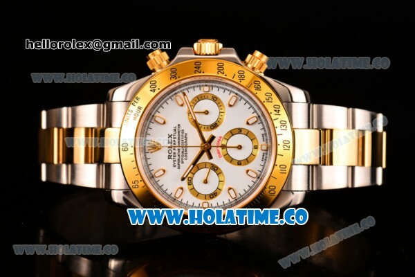 Rolex Daytona II Chrono Swiss Valjoux 7750 Automatic Two Tone Case/Bracelet with White Dial Stick Markers and Yellow Gold Bezel (JF) - Click Image to Close