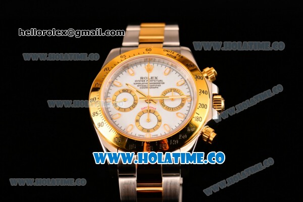 Rolex Daytona II Chrono Swiss Valjoux 7750 Automatic Two Tone Case/Bracelet with White Dial Stick Markers and Yellow Gold Bezel (JF) - Click Image to Close