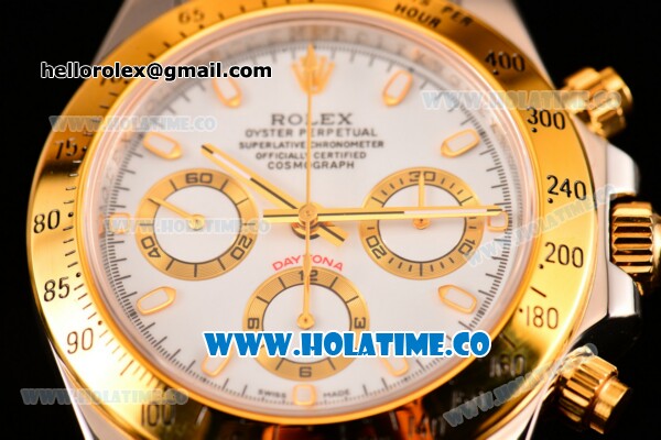 Rolex Daytona II Chrono Swiss Valjoux 7750 Automatic Two Tone Case/Bracelet with White Dial Stick Markers and Yellow Gold Bezel (JF) - Click Image to Close