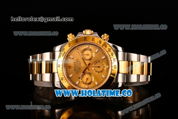 Rolex Daytona II Chrono Swiss Valjoux 7750 Automatic Two Tone Case/Bracelet with Gold Dial Stick Markers and Yellow Gold Bezel (JF) - Click Image to Close