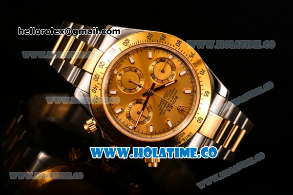 Rolex Daytona II Chrono Swiss Valjoux 7750 Automatic Two Tone Case/Bracelet with Gold Dial Stick Markers and Yellow Gold Bezel (JF) - Click Image to Close