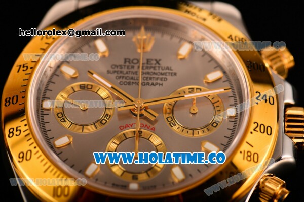 Rolex Daytona II Chrono Swiss Valjoux 7750 Automatic Two Tone Case/Bracelet with Grey Dial Stick Markers and Yellow Gold Bezel (JF) - Click Image to Close