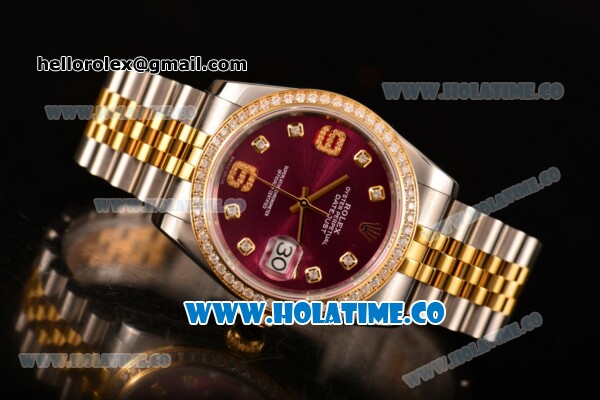 Rolex Datejust Asia Automatic Yellow Gold/Steel Case with Diamonds Bezel Rose Red Dial and Diamonds Markers (BP) - Click Image to Close