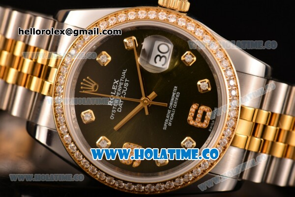 Rolex Datejust Asia Automatic Yellow Gold/Steel Case with Diamonds Bezel Army Green Dial and Diamonds Markers (BP) - Click Image to Close