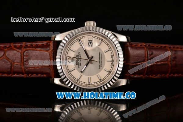 Rolex Datejust Automatic with White Dial and Stick Markers - Brown Leather Strap - Click Image to Close