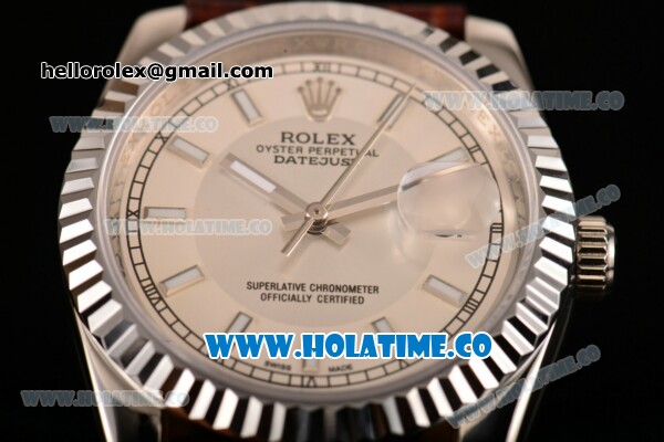Rolex Datejust Automatic with White Dial and Stick Markers - Brown Leather Strap - Click Image to Close