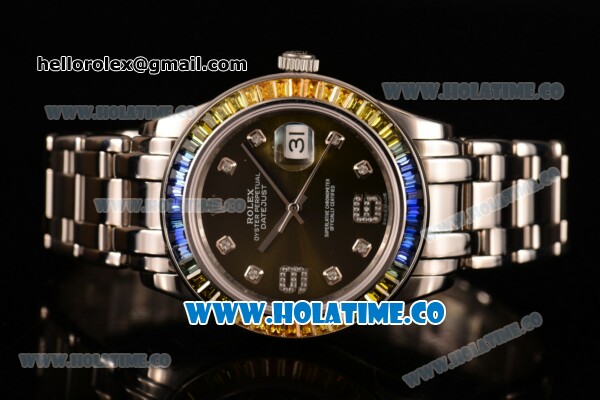 Rolex Datejust Pearlmaster Clone Rolex 3135 Automatic Full Steel with Army Green Dial and Diamonds Markers - Rainbow Diamoand Bezel (BP) - Click Image to Close