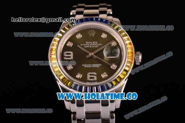 Rolex Datejust Pearlmaster Clone Rolex 3135 Automatic Full Steel with Army Green Dial and Diamonds Markers - Rainbow Diamoand Bezel (BP) - Click Image to Close