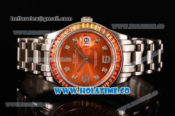 Rolex Datejust Pearlmaster Asia 2813 Automatic Full Steel with Orange Dial and Diamonds Markers - Rainbow Diamoand Bezel (BP) - Click Image to Close