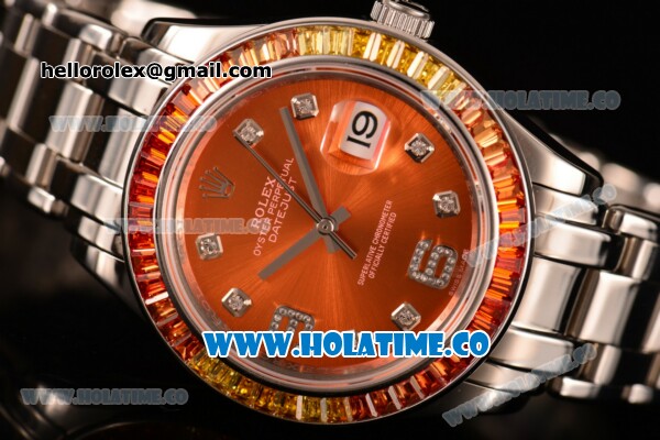 Rolex Datejust Pearlmaster Asia 2813 Automatic Full Steel with Orange Dial and Diamonds Markers - Rainbow Diamoand Bezel (BP) - Click Image to Close