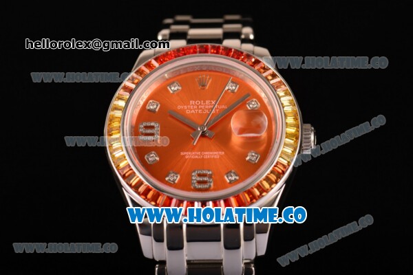 Rolex Datejust Pearlmaster Asia 2813 Automatic Full Steel with Orange Dial and Diamonds Markers - Rainbow Diamoand Bezel (BP) - Click Image to Close