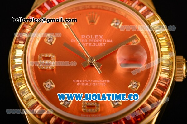 Rolex Datejust Pearlmaster Asia 2813 Automatic Full Yellow Gold with Orange Dial and Diamonds Markers - Rainbow Diamoand Bezel (BP) - Click Image to Close