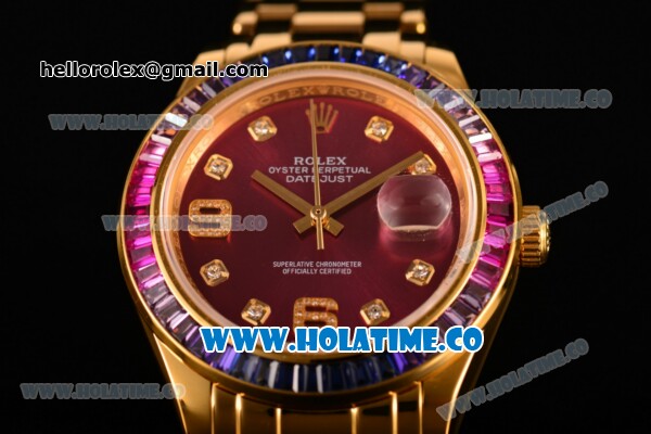 Rolex Datejust Pearlmaster Asia 2813 Automatic Full Yellow Gold with Purple Dial and Diamonds Markers - Rainbow Diamoand Bezel (BP) - Click Image to Close