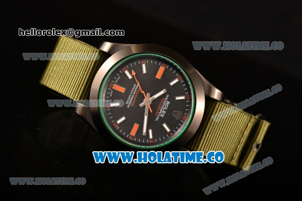 Rolex Milgauss Asia Automatic PVD Case with Stick Markers and Army Green Nylon Strap - Click Image to Close