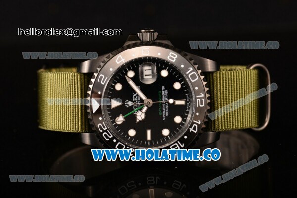 Rolex GMT-Master II Asia Automatic PVD Case with Black Dial and White Markers - Army Green Nylon Strap - Click Image to Close