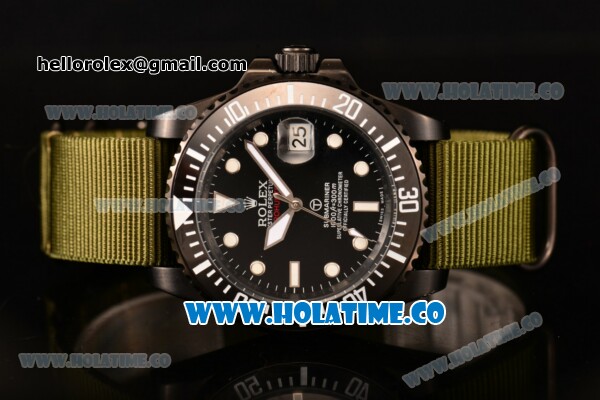 Rolex Submariner Asia Automatic PVD Case with White Dot Markers and Army Green Nylon Strap - Click Image to Close