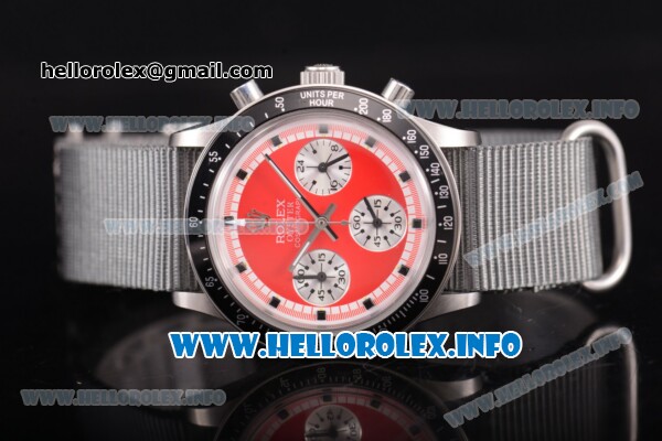 Rolex Daytona Vintage Edition Miyota Quartz Steel Case with Red Dial and Grey Nylon Strap (GF) - Click Image to Close