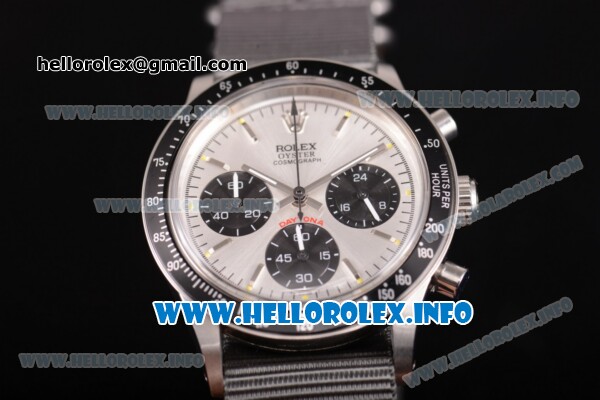 Rolex Daytona Vintage Edition Miyota Quartz Steel Case with Grey Nylon Strap Stick Markers and Silver Dial (GF) - Click Image to Close
