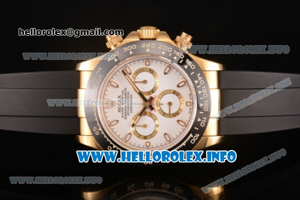 Rolex Daytona Chrono Swiss Valjoux 7750 Automatic Yellow Gold Case with Ceramic Bezel Rubber Strap and White Dial - Stick Markers (BP) - Click Image to Close