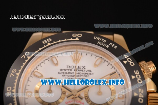 Rolex Daytona Chrono Swiss Valjoux 7750 Automatic Yellow Gold Case with Ceramic Bezel Rubber Strap and White Dial - Stick Markers (BP) - Click Image to Close