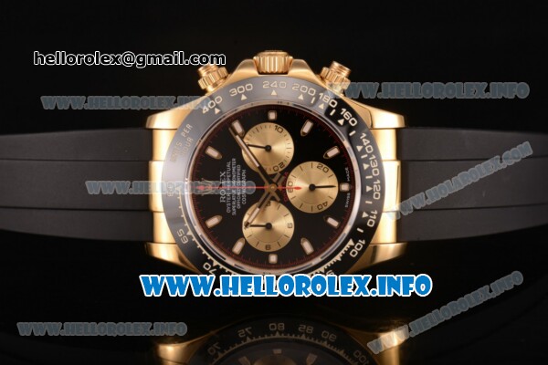 Rolex Daytona Chrono Swiss Valjoux 7750 Automatic Yellow Gold Case with Ceramic Bezel Rubber Strap and Black Dial - Stick Markers (BP) - Click Image to Close