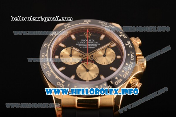 Rolex Daytona Chrono Swiss Valjoux 7750 Automatic Yellow Gold Case with Ceramic Bezel Rubber Strap and Black Dial - Stick Markers (BP) - Click Image to Close